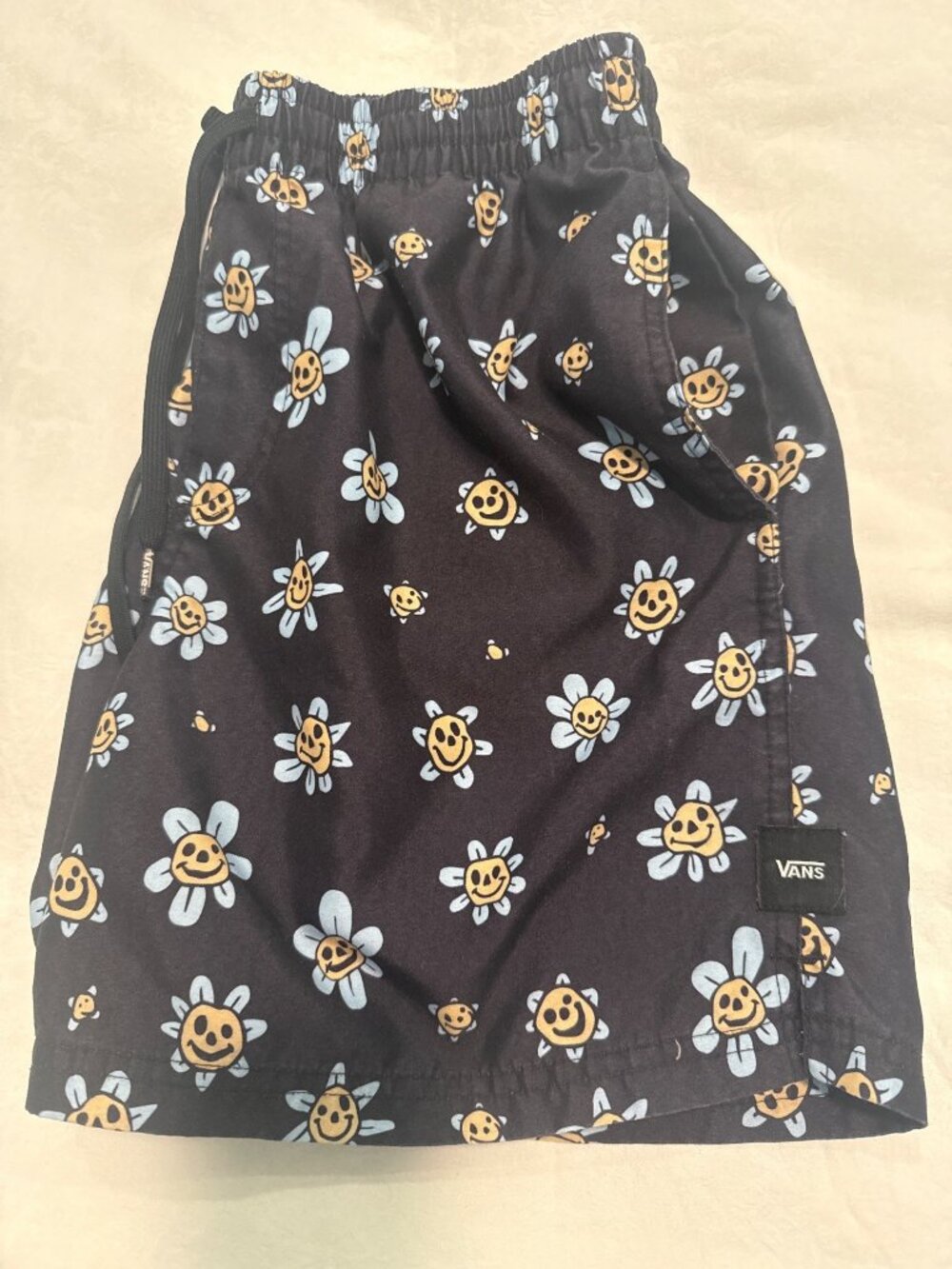Vans Smiley Flower Print Volleyball Shorts Elastic Waist Mens Small Black